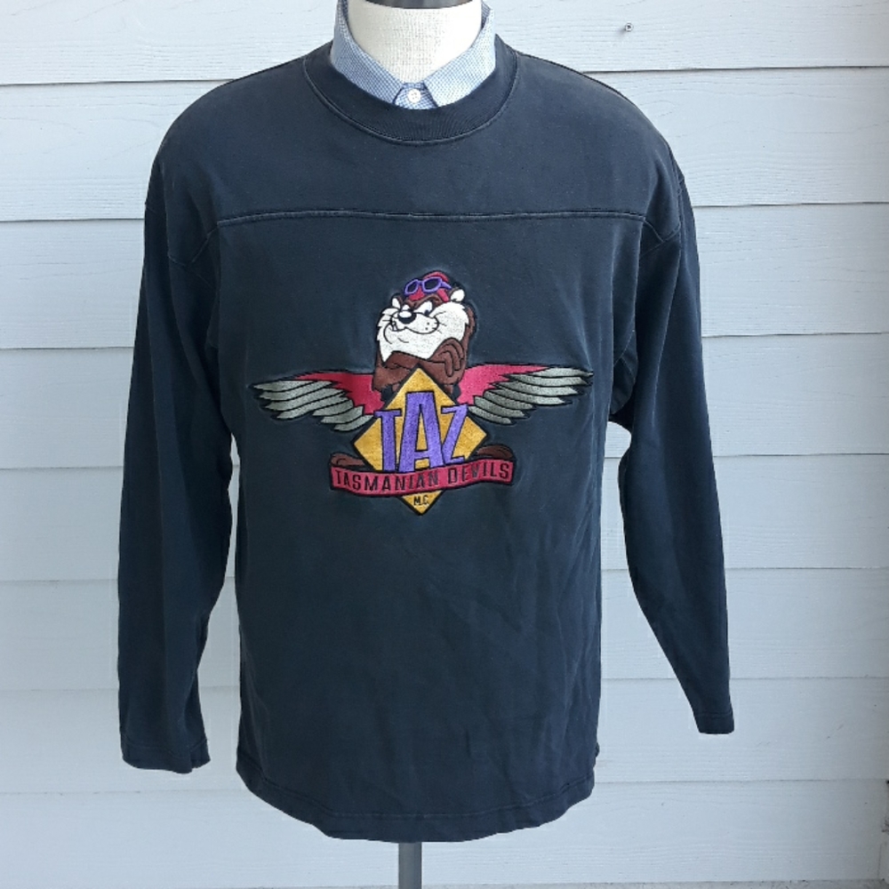 TAZ WARNER BROS Acme Clothing Embroidered Cotton‎ Long Sleeve Shirt Sz L VTG 90s